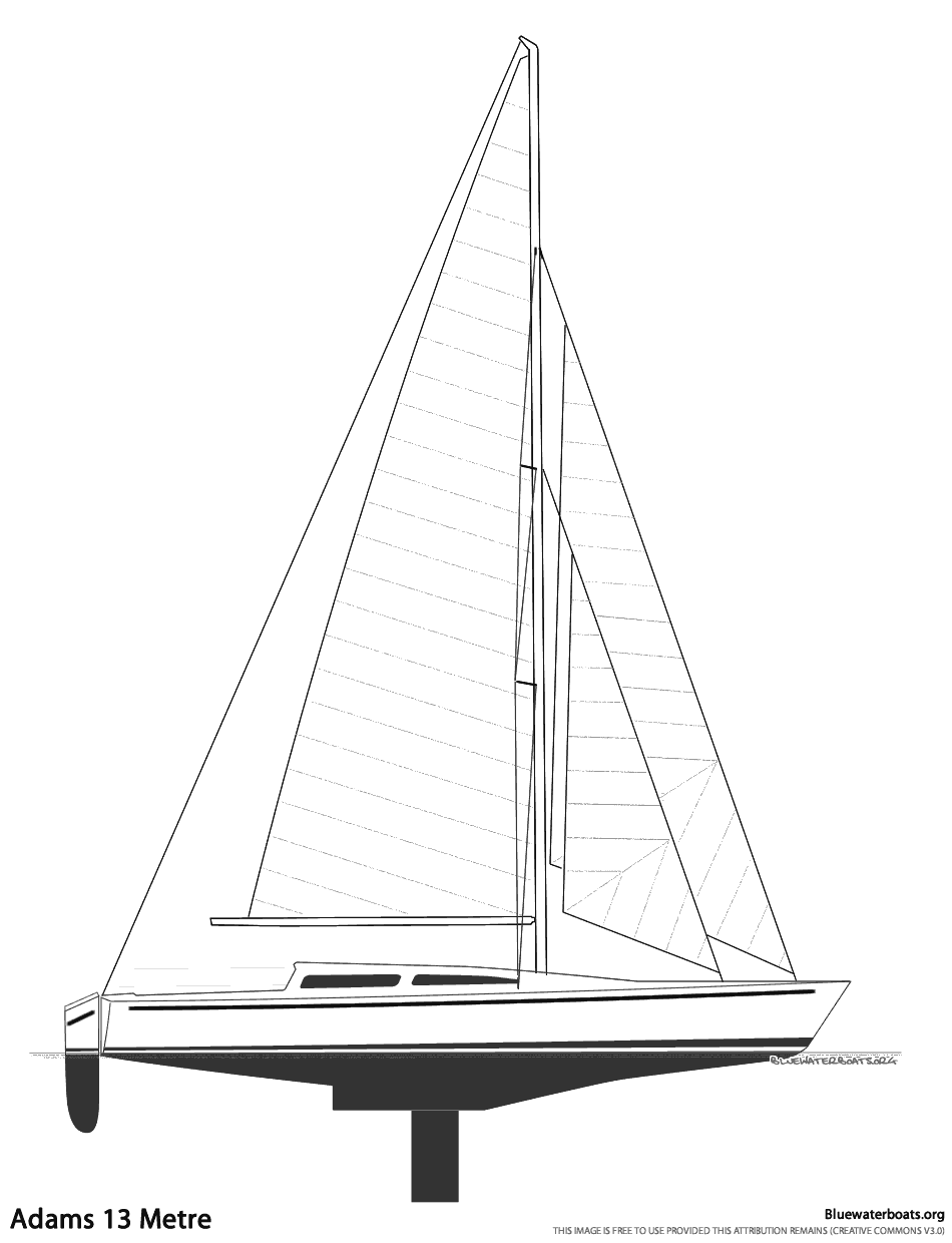 Line drawing of the Adams 13 Metre sailboat