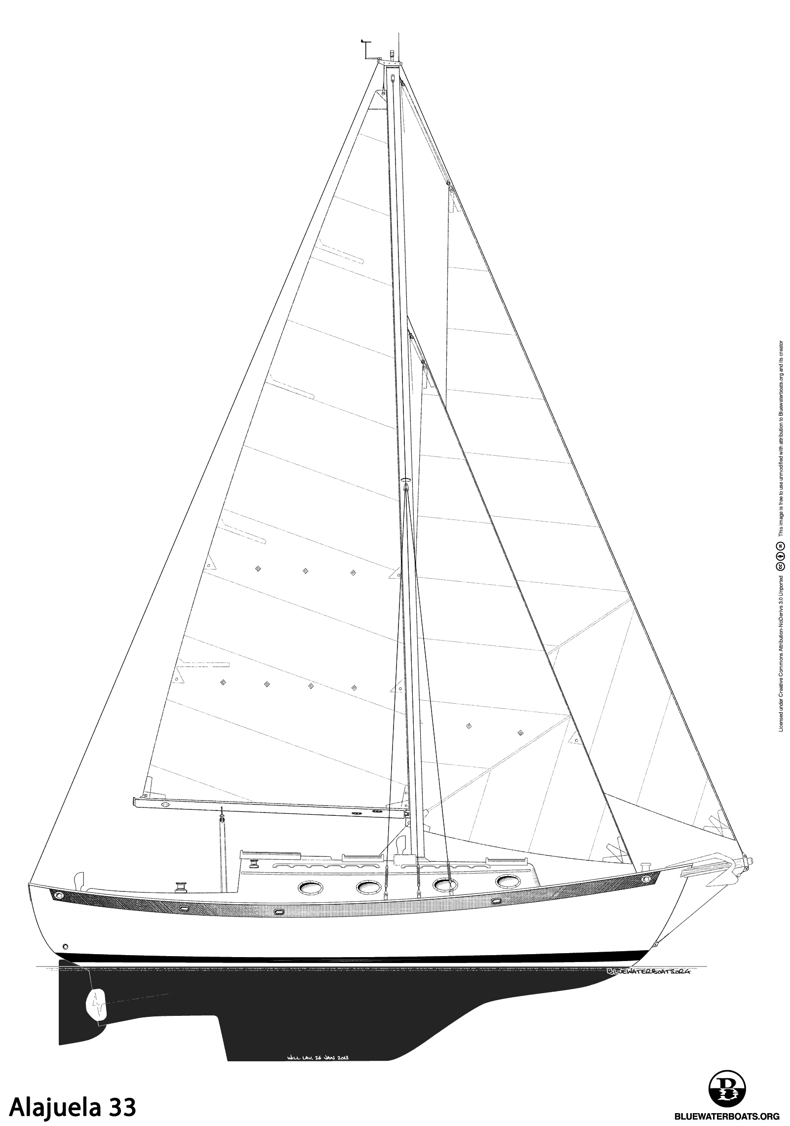 Line drawing of the Alajuela 33 sailboat