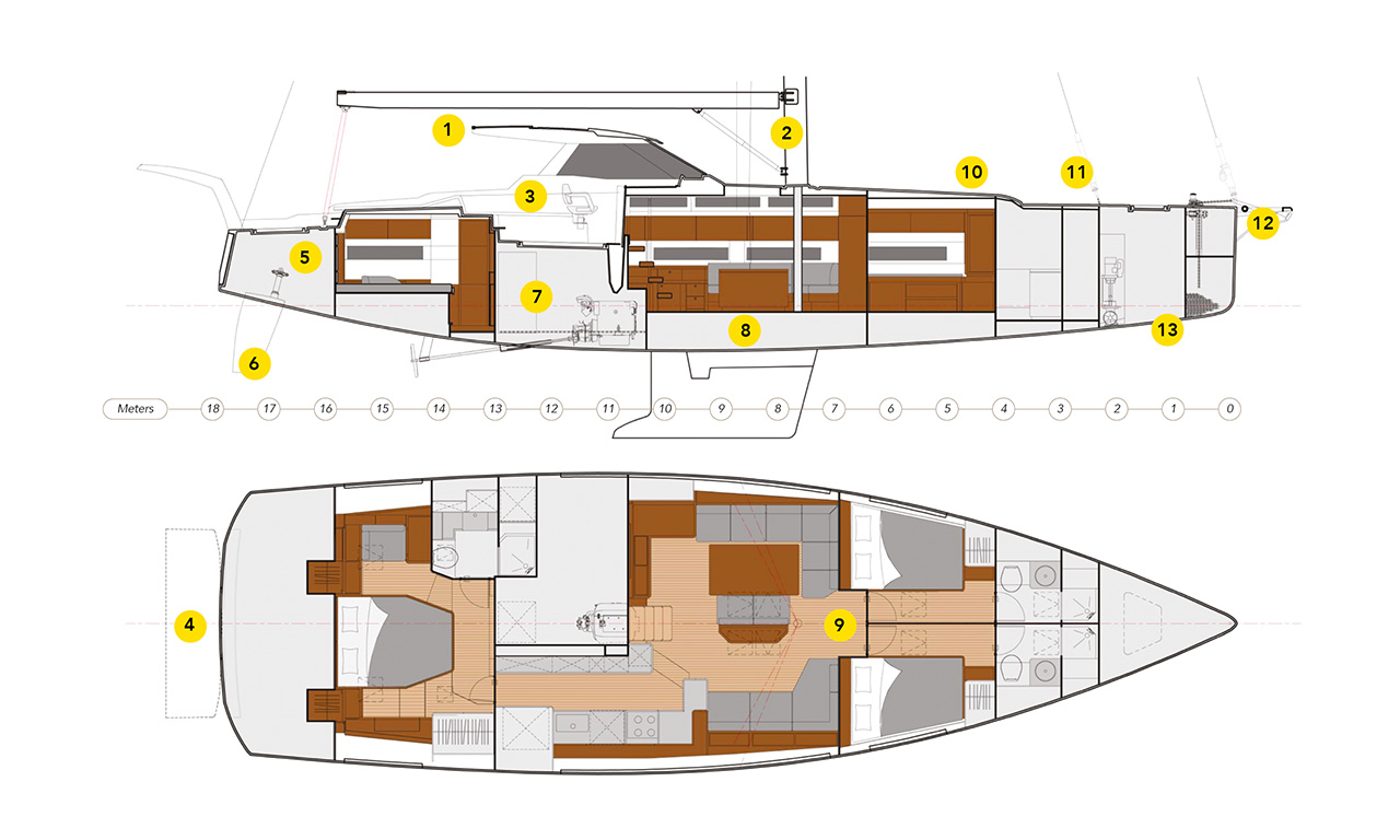 Amel 60 profile and accommodation plan