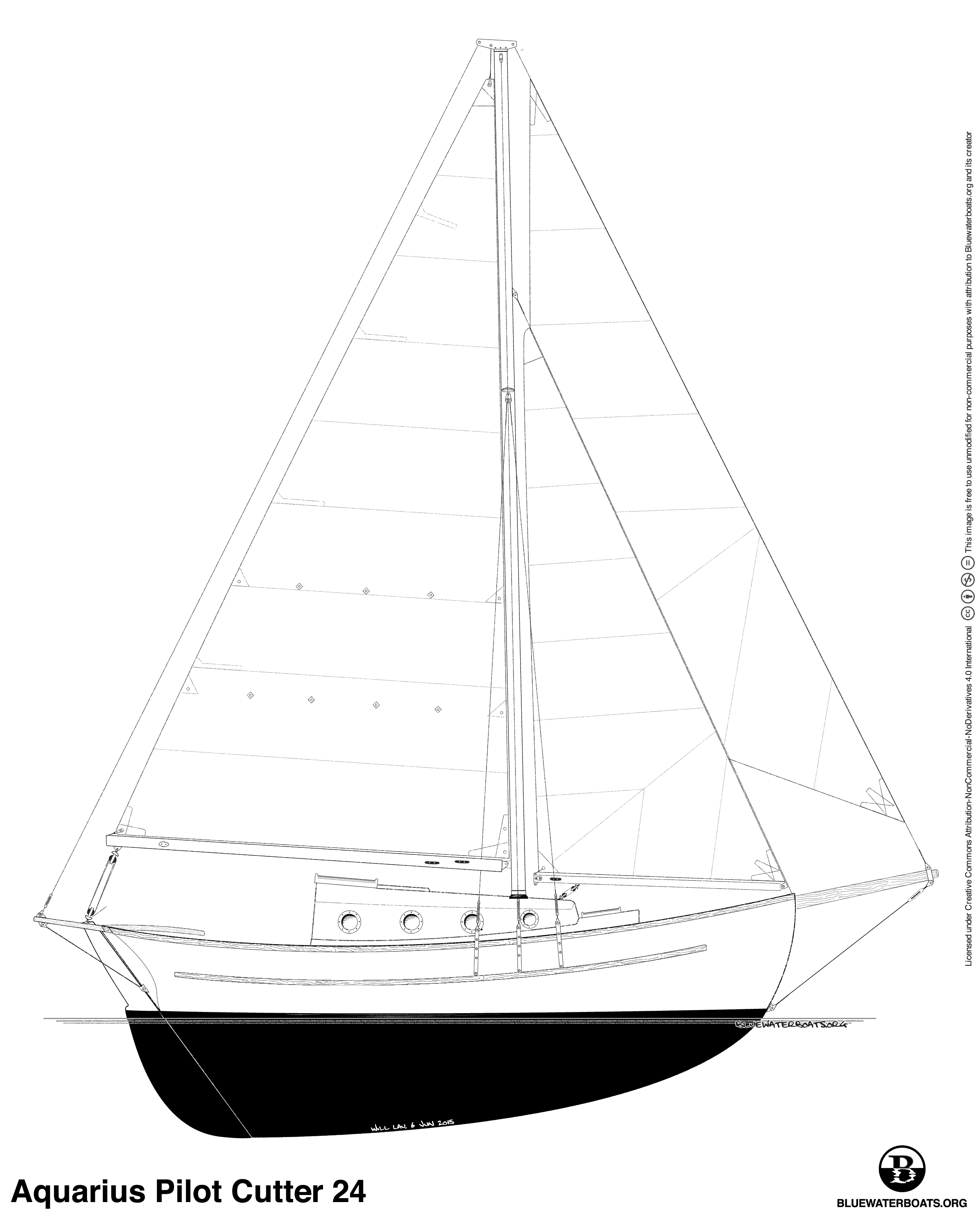 Line drawing of the Aquarius Pilot Cutter 24 sailboat