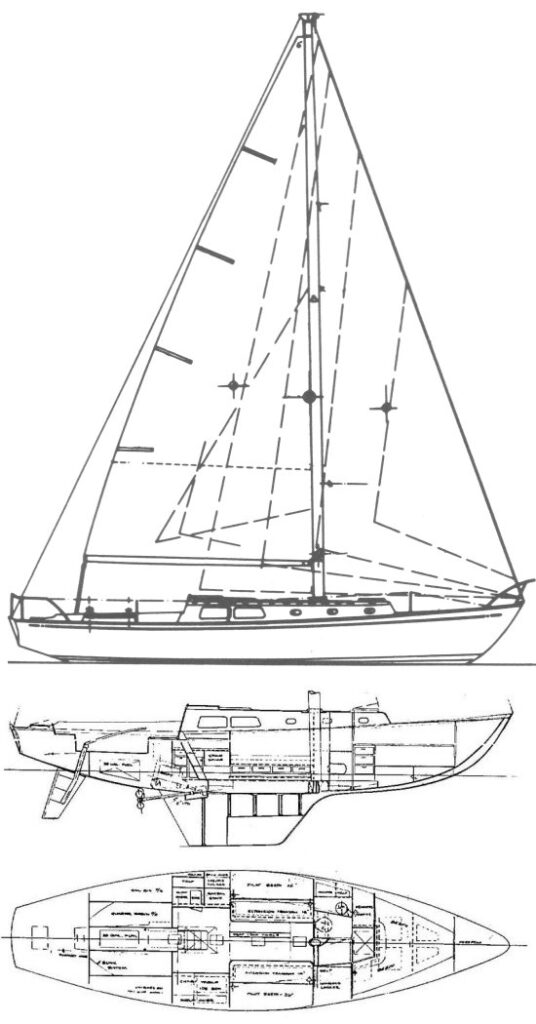 Cal 40 sail & accommodation plan (via sailboatdata)