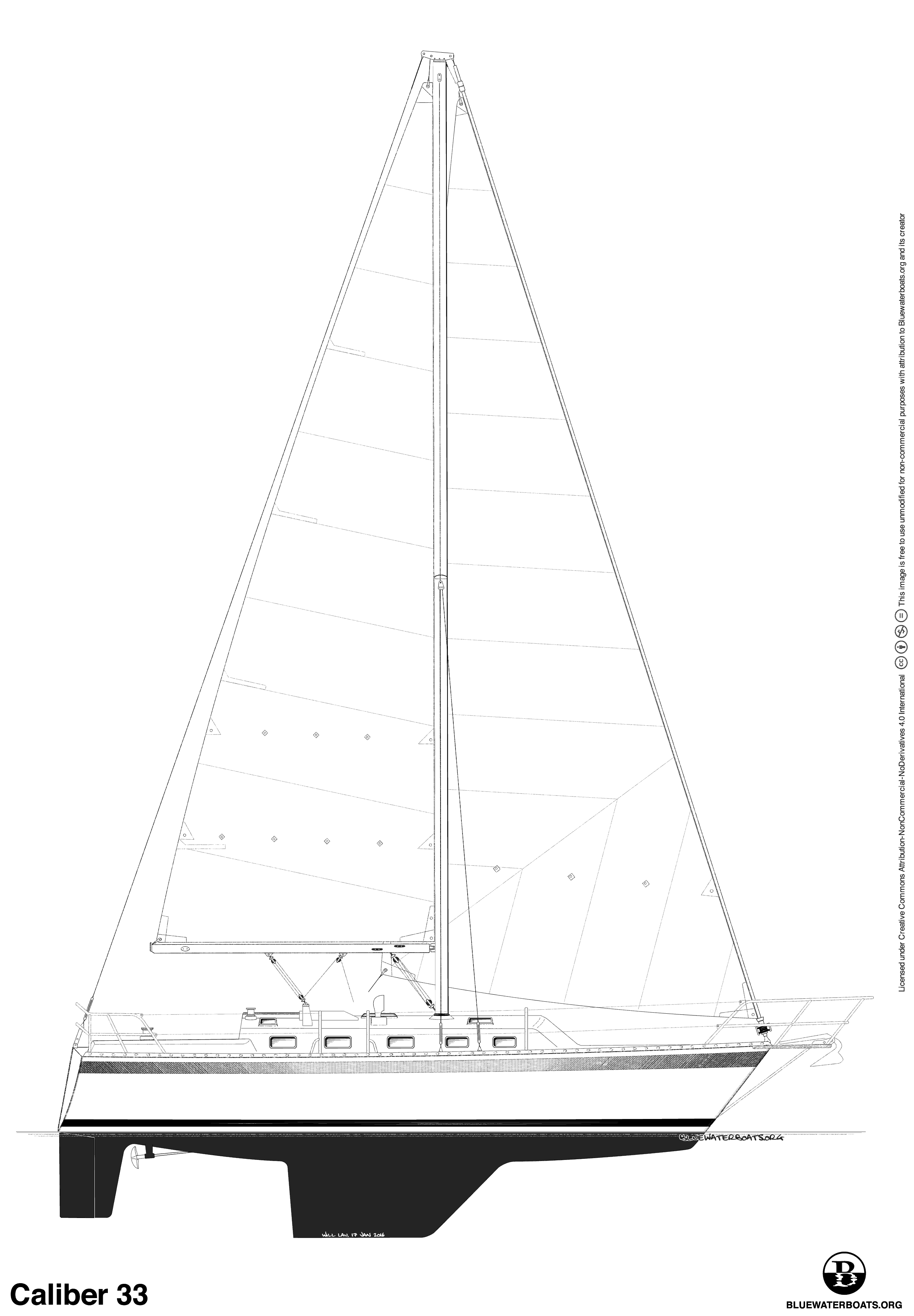 Line drawing of the Caliber 33 sailboat