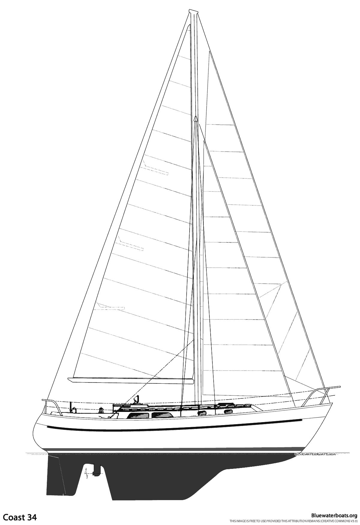 Line drawing of the Coast 34 sailboat