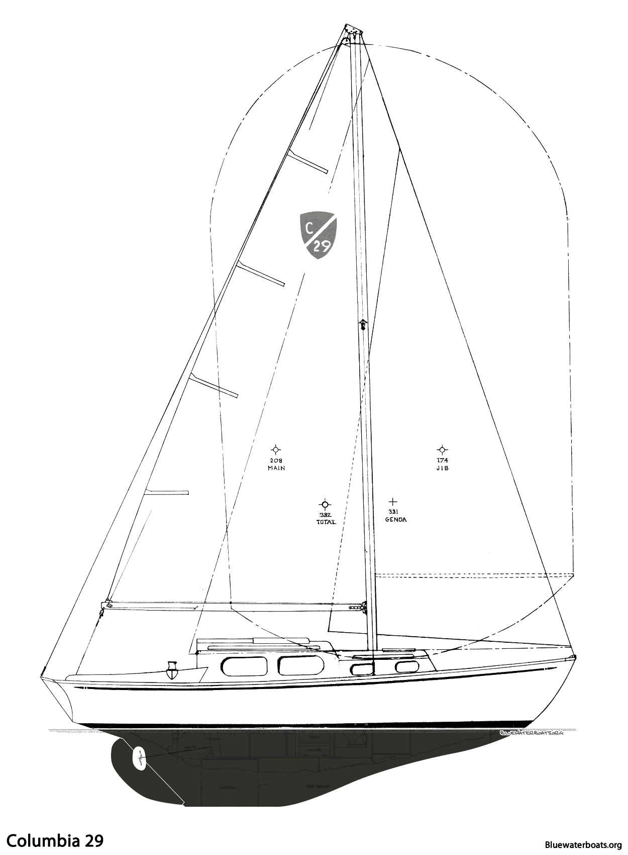 Line drawing of the Columbia 29 sailboat