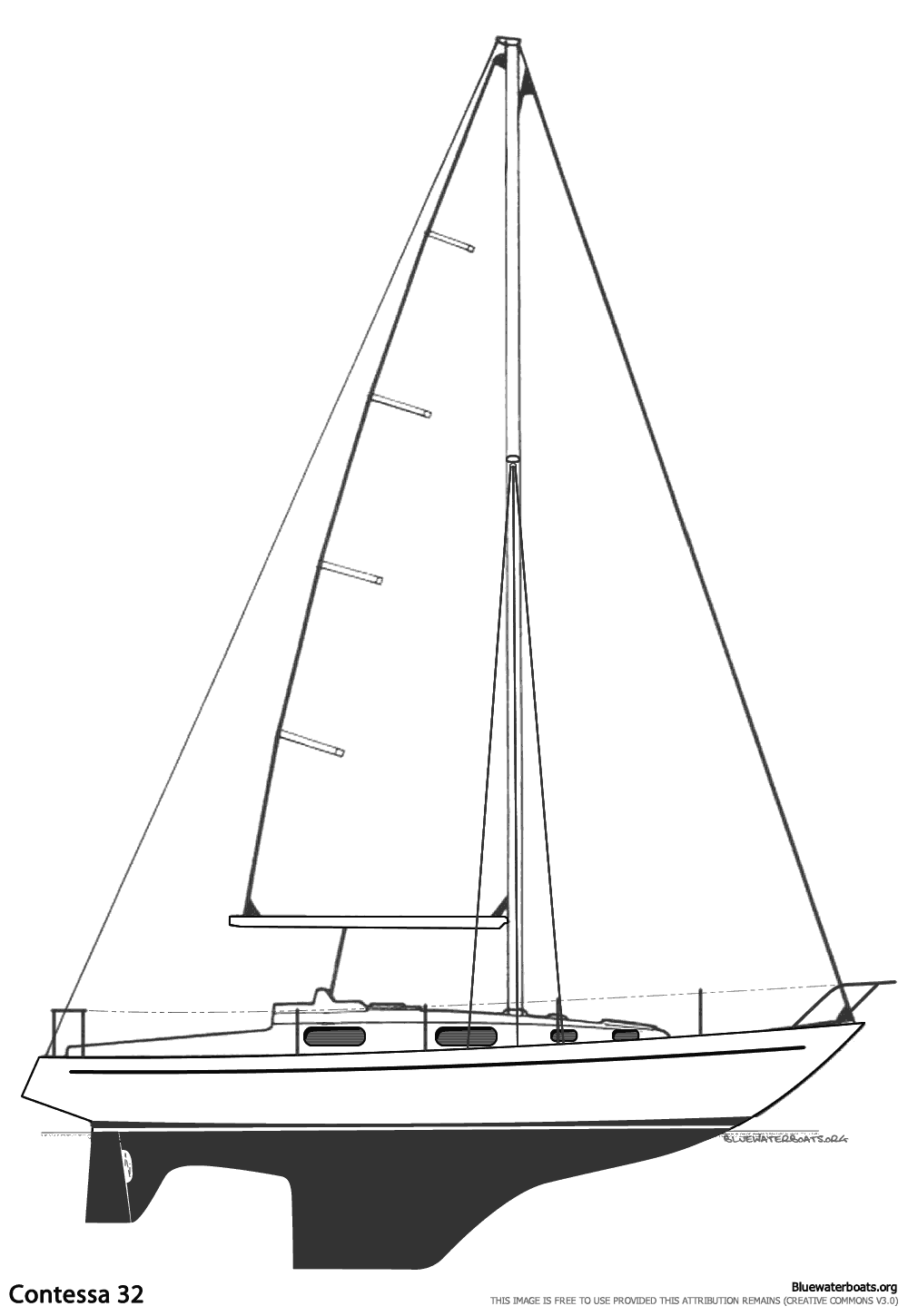 Line drawing of the Contessa 32 sailboat