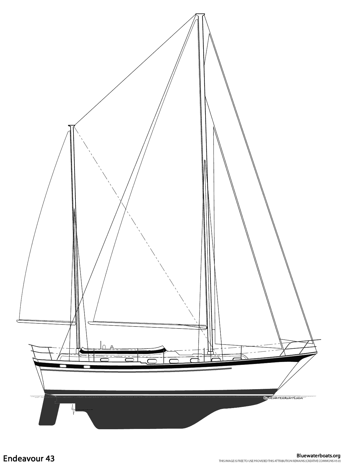Line drawing of the Endeavour 43 sailboat
