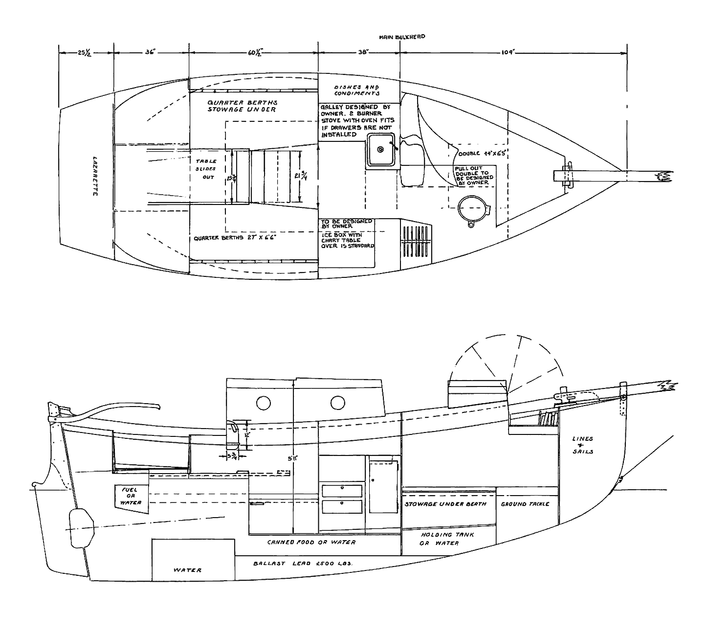 Interior layout of the Falmouth Cutter 22 sailboat