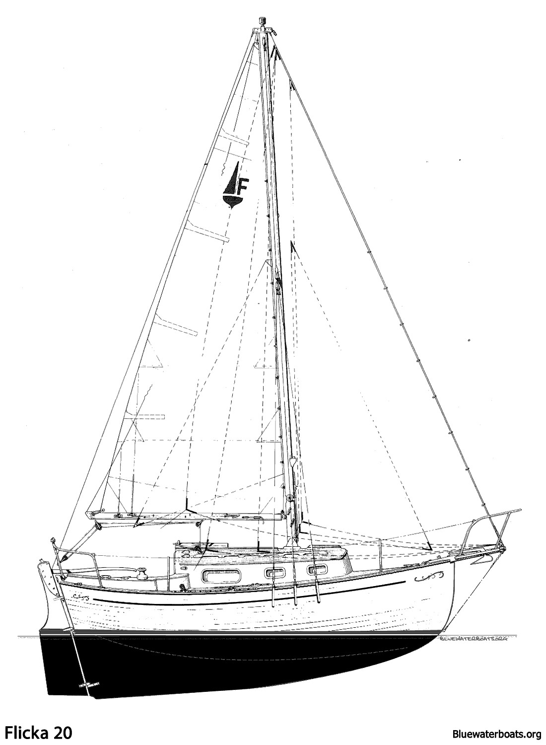 Line drawing of the Flicka 20 sailboat