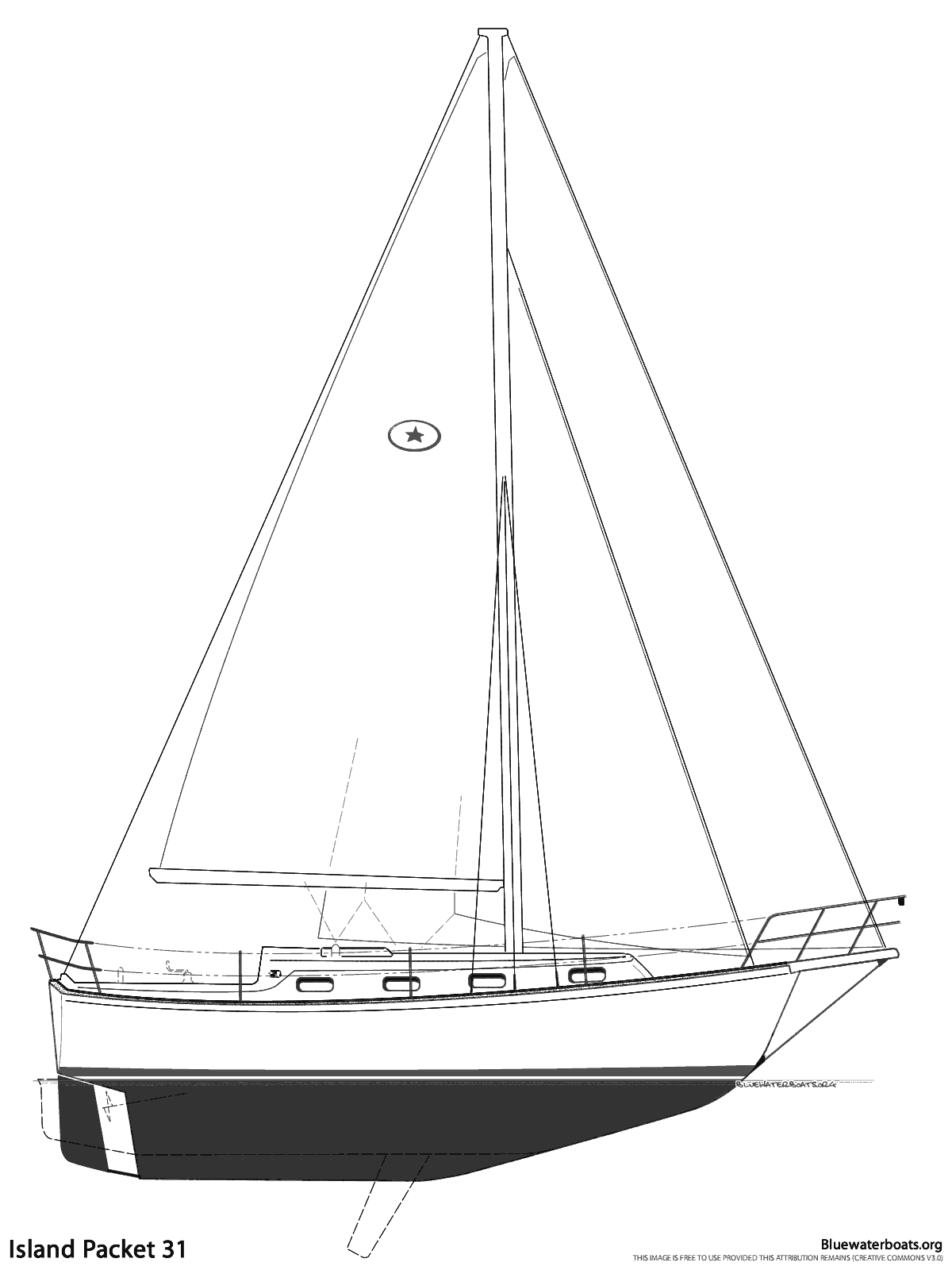 Line drawing of the Island Packet 31 sailboat