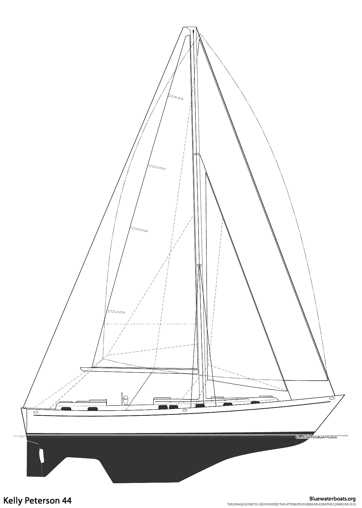 Line drawing of the Kelly Peterson 44 sailboat