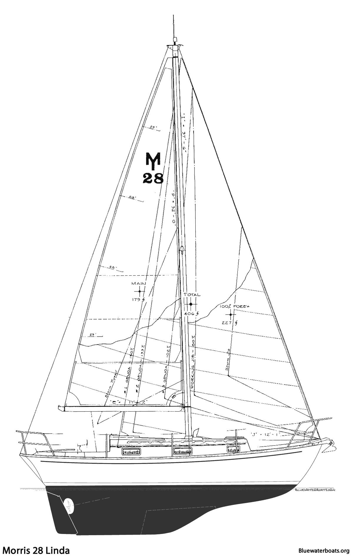 Line drawing of the Morris 28 Linda sailboat