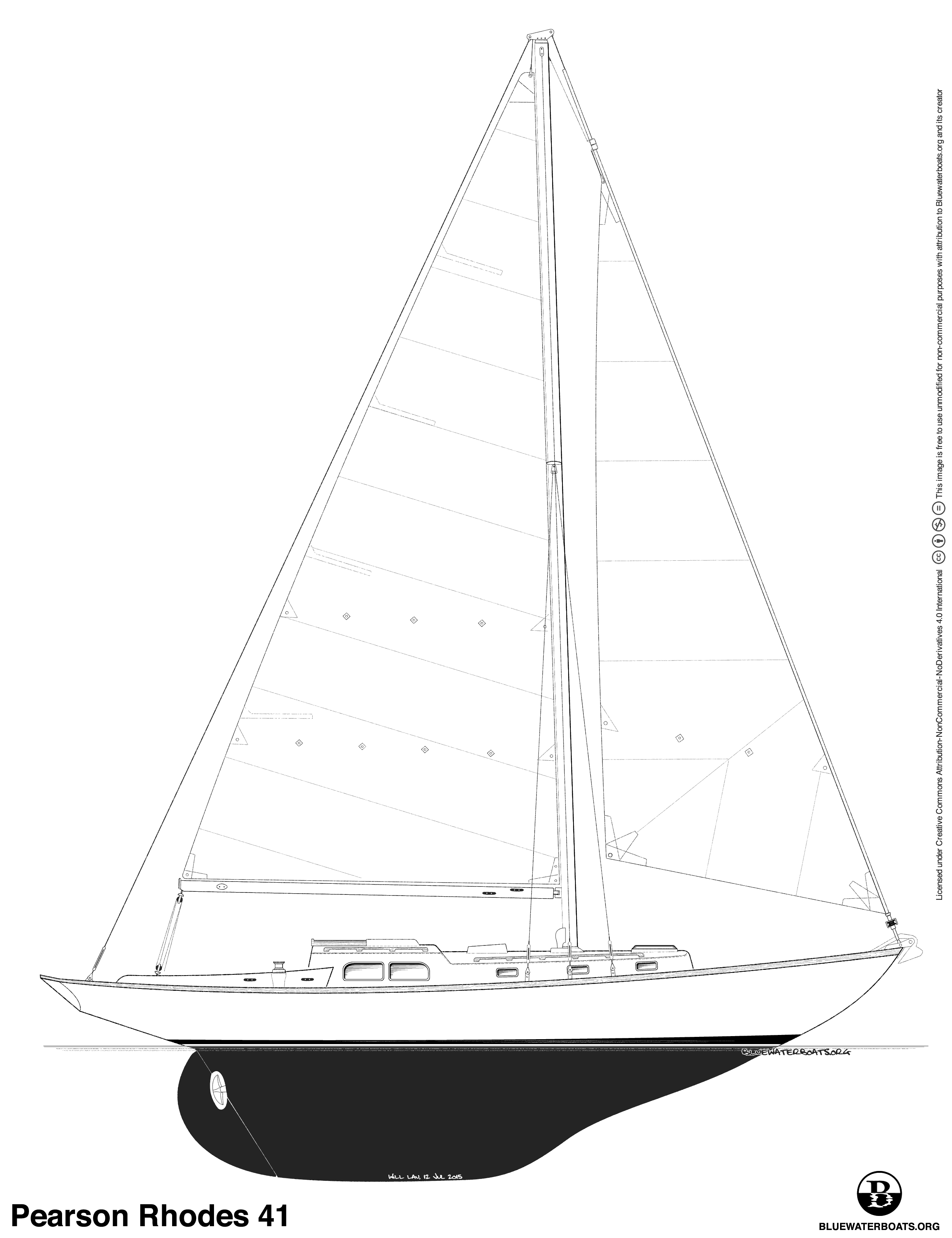 Line drawing of the Pearson Rhodes 41 sailboat