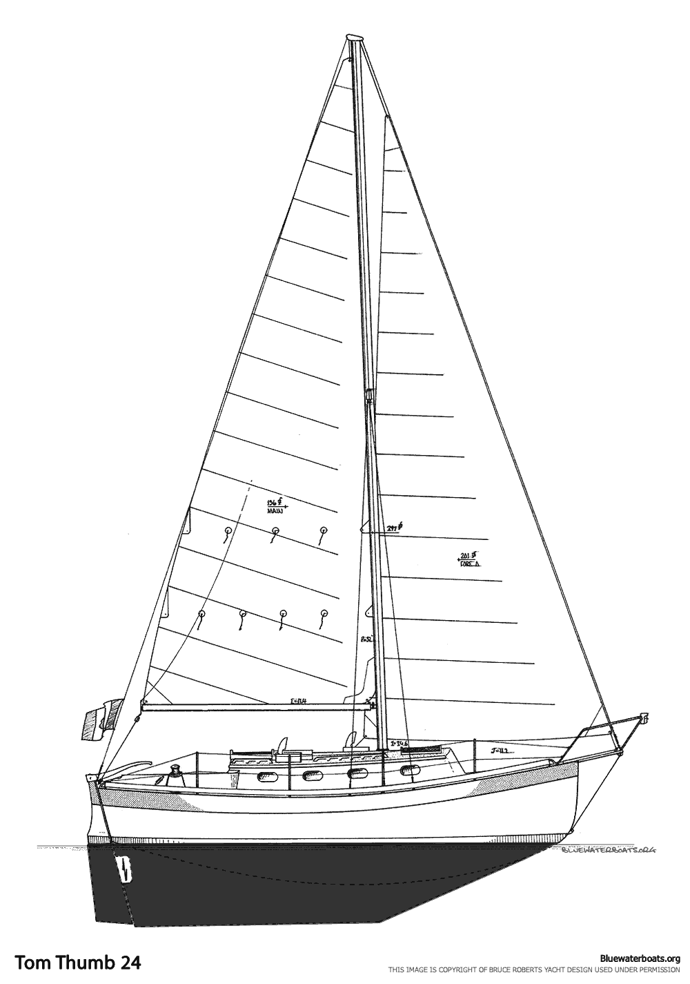 Line drawing of the Roberts Tom Thumb 24 sailboat