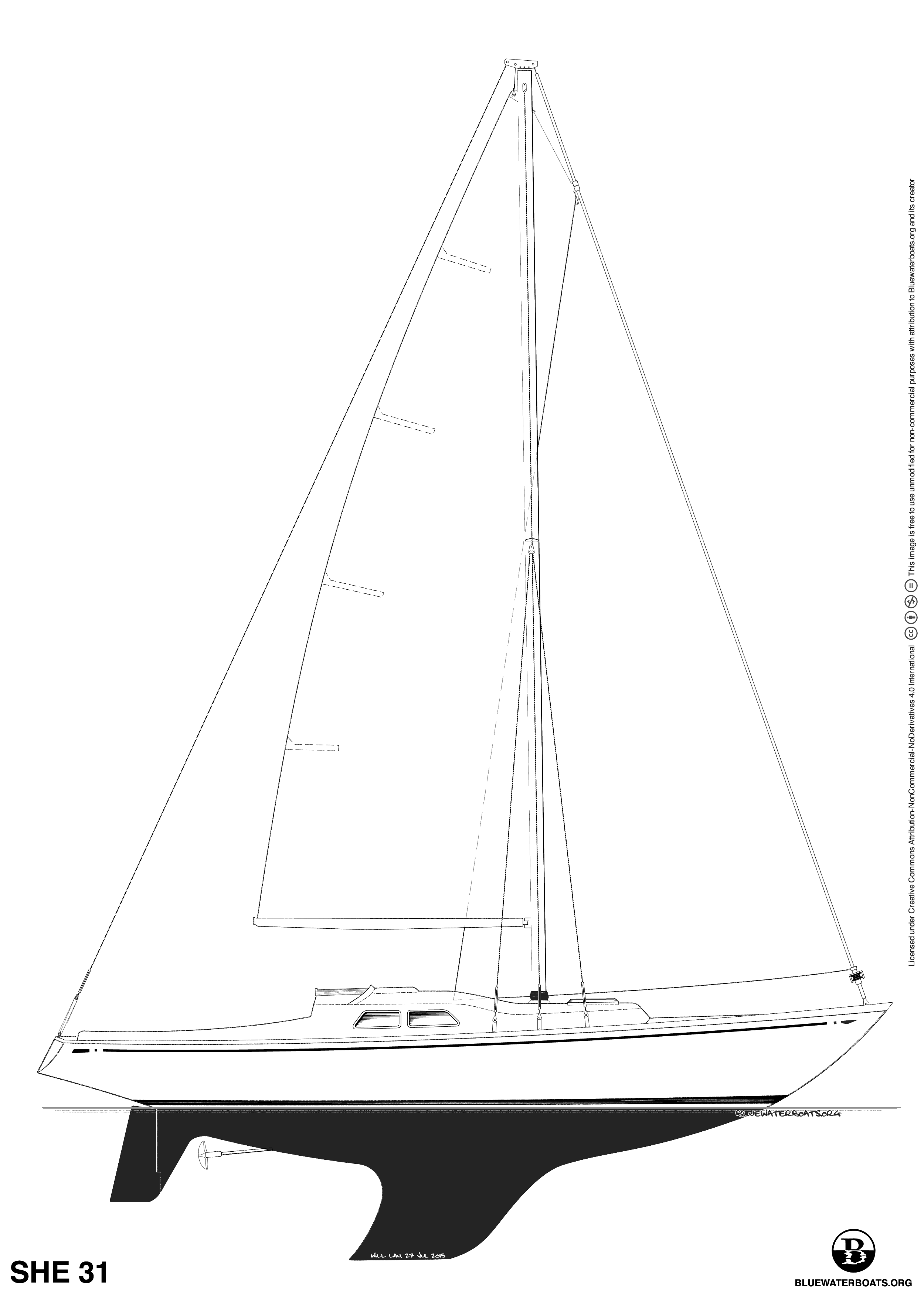 Line drawing of the SHE 31 sailboat