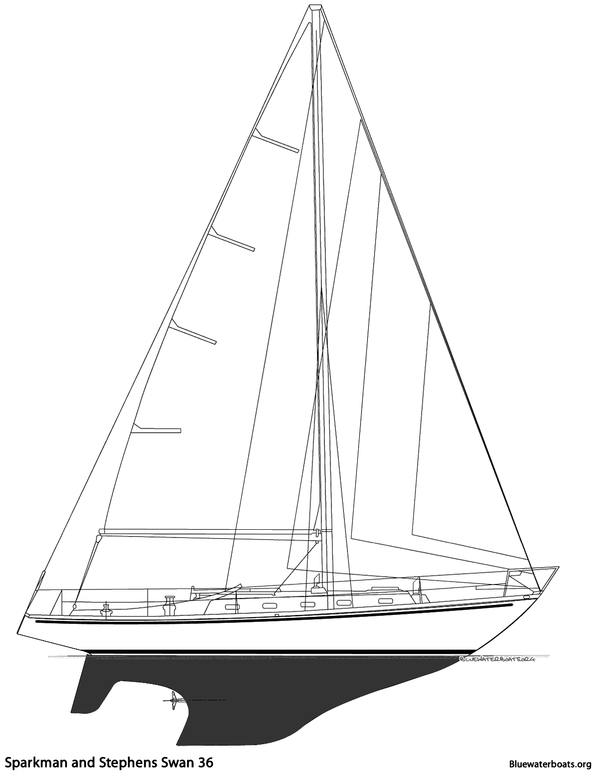 Line drawing of the Sparkman and Stephens Swan 36 sailboat