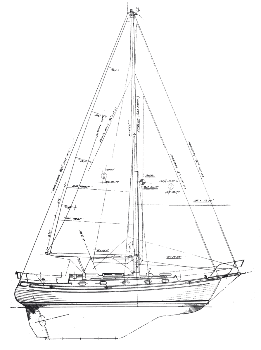 Line drawing of the Tashiba 36 sailboat