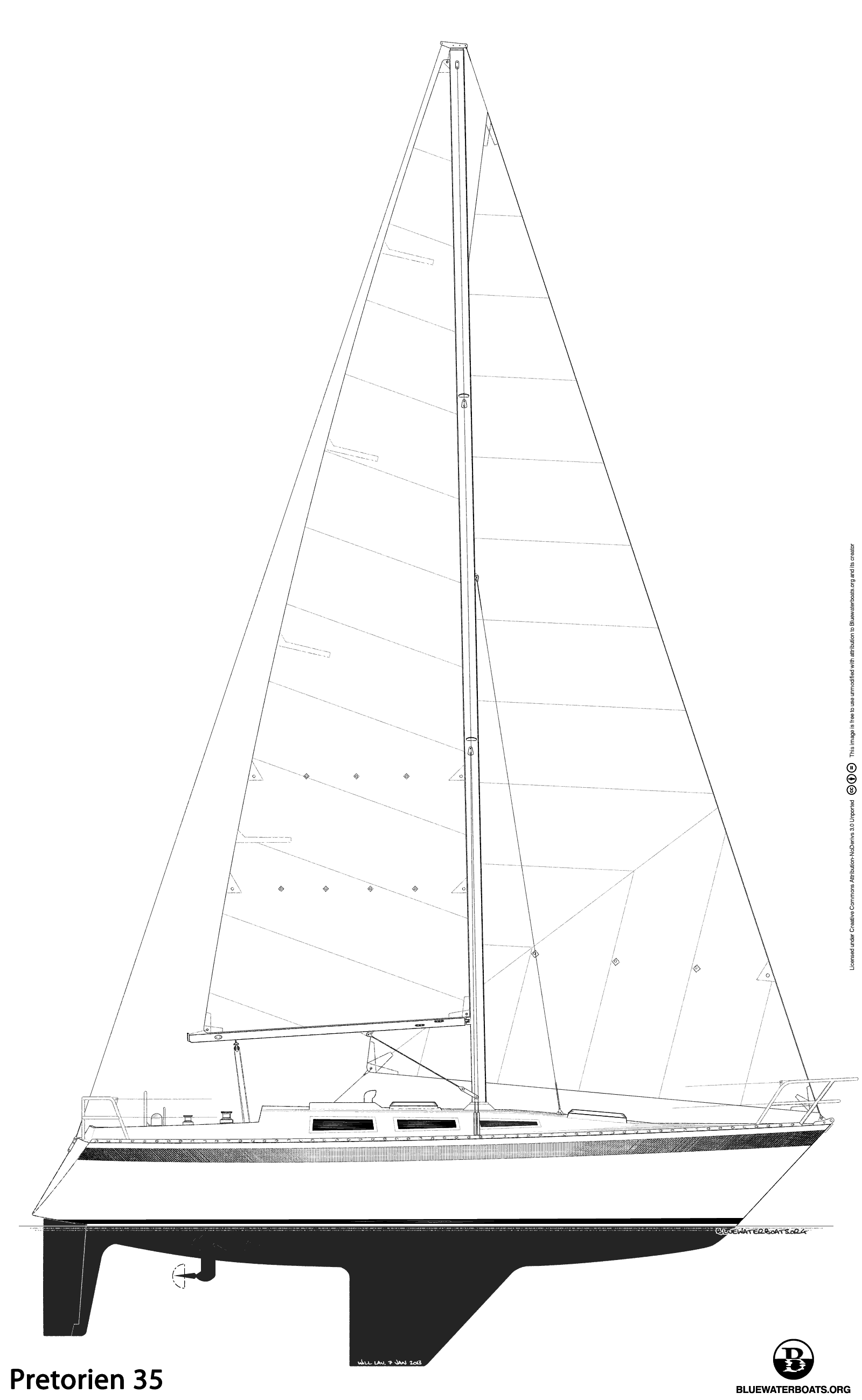 Line drawing of the Wauquiez Pretorien 35 sailboat