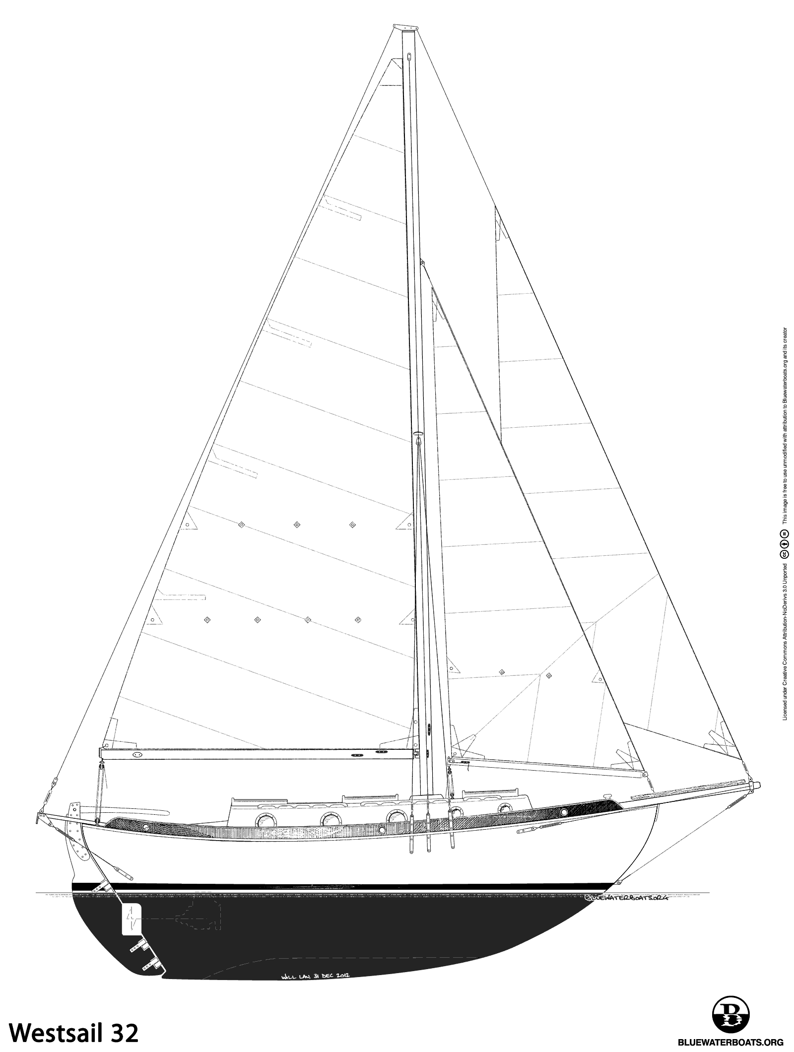Line drawing of the Westsail 32 sailboat