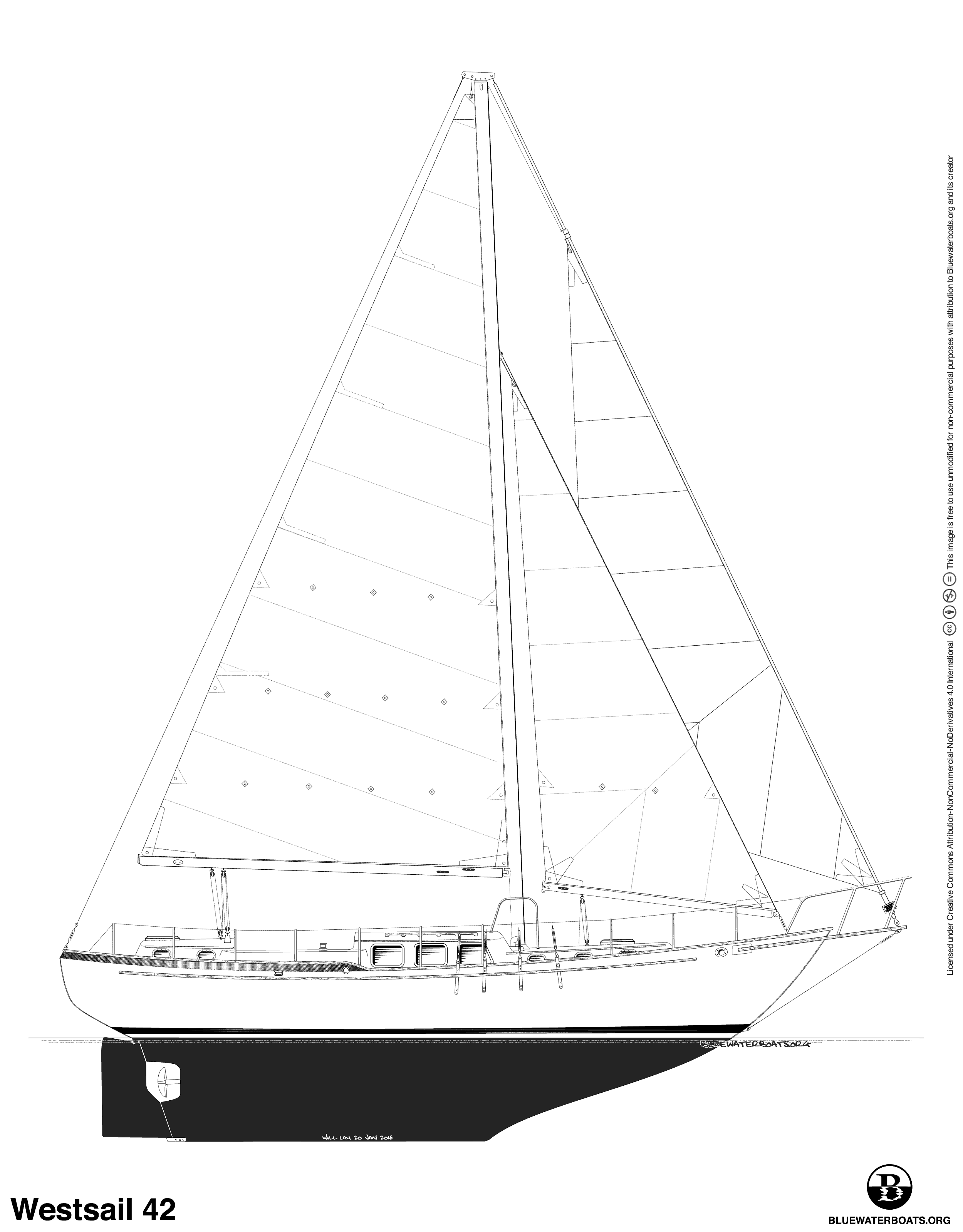 Line drawing of the Westsail 42 sailboat